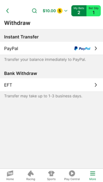 Screenshot of the TAB app 'Withdraw' screen.
