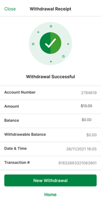 Screenshot of TAB app withdrawal receipt.
