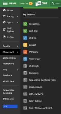 Screenshot of the 'My Account' section within tab.com.au. 'Withdraw' button is show.