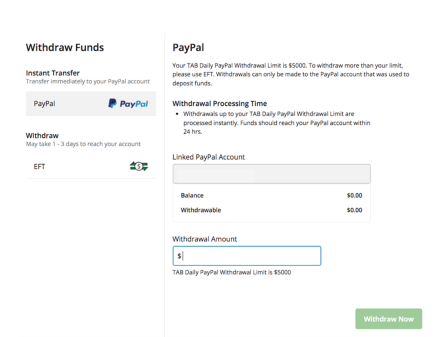 Screenshot of tab.com.au PayPal withdrawal screen.
