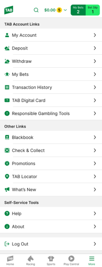 Screenshot of the expanded TAB app 'More' menu.