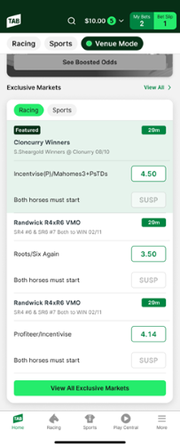 Screenshot of TAB app with 'Venue Mode' on.