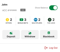 Screenshot of expanded global header within the TAB app. 'Deposit' button is revealed.