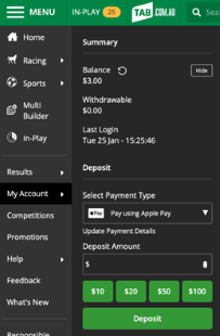 Screenshot of the 'Deposit' section of tab.com.au.