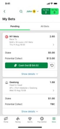 Screenshot of TAB app 'My Bets' screen.