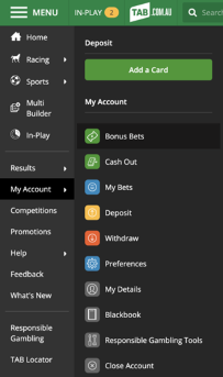 Screenshot of tab.com.au 'My Account' menu, bonus bet button is shown.