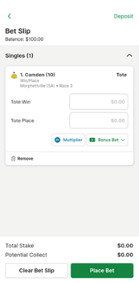 Screenshot of TAB app bet slip. Bonus bet is shown as an option under bet selection.