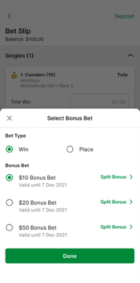 Screenshot of TAB app 'Select Bonus Bet' screen.