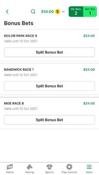 Screenshot of TAB app bonus bet screen. 'Split bonus bet' option is shown.