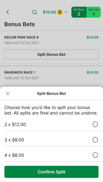 Screenshot of TAB app 'Split bonus bet' screen.