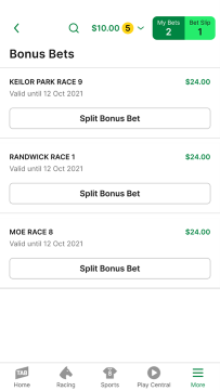 Screenshot of TAB app bonus bets screen.