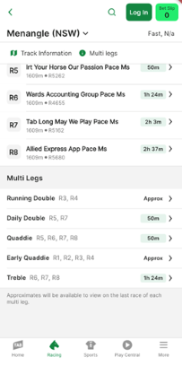 Screenshot of 'multi-legs' section of race meet page on the TAB app.