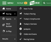 Screenshot of expanded main menu at tab.com.au with 'racing' selected and 'today's racing options shown.