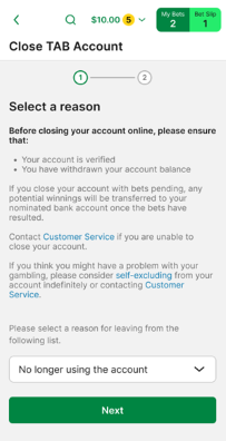Screenshot of TAB app 'Close account, select a reason' screen.