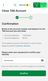 Screenshot of TAB app 'Close account screen, confirmation' screen.