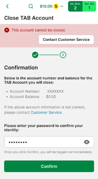 Screenshot of 'cannot close account' notification screen.