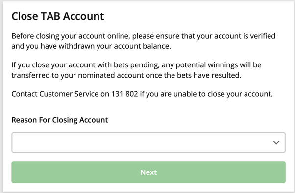 Screenshot of tab.com.au 'close account, reason for closing account' screen.