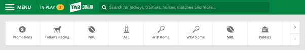 Screenshot of top of tab.com.au screen, with quick navigation menu showing 'Today's Racing'.