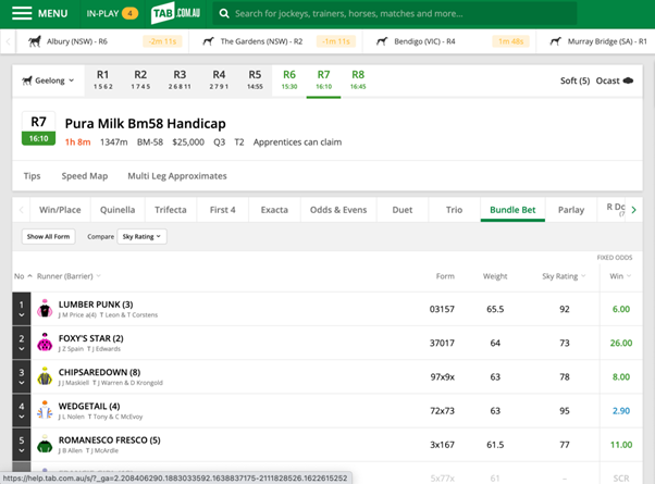 Screenshot of race page at tab.com.au. 'Bundle Bet' is shown as a bet type option above the list or runners.
