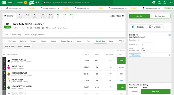 Screenshot of racing page at tab.com.au, runners selected are shown in the bet slip on the far-right of the screen.