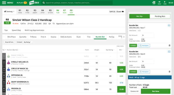 Screenshot of racing page at tab.com.au, runners selected are shown in the bet slip on the far-right of the screen.