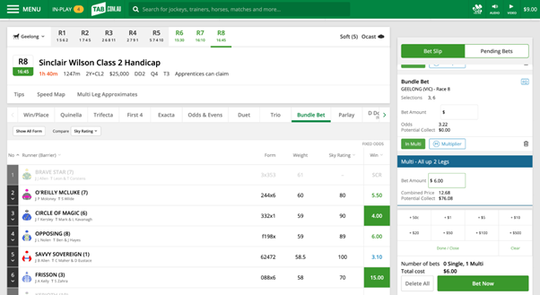 Screenshot of racing page at tab.com.au, runners selected are shown in the bet slip on the far-right of the screen.