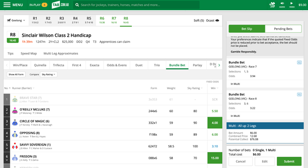 Screenshot of racing page at tab.com.au, runners selected are shown in the bet slip on the far-right of the screen.