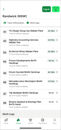 Screenshot of TAB app race meet page.
