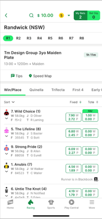 Screenshot of TAB app race page.