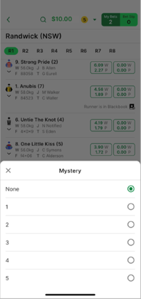 Screenshot of TAB app 'Mystery' bet selection screen.