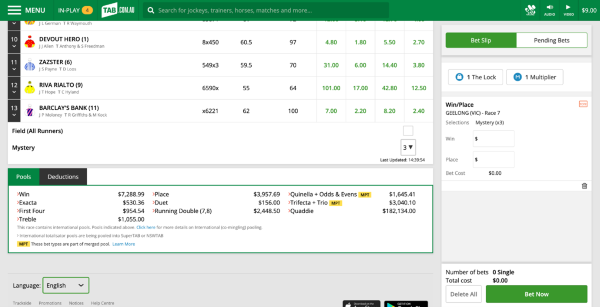 Screenshot of tab.com.au race page. 'Mystery' bet option is shown under list of runners, number of 'Mystery' bets are selected using drop-down menu.