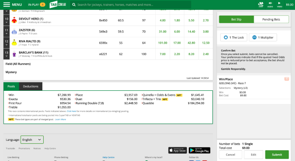 Screenshot of tab.com.au bet confirmation screen.