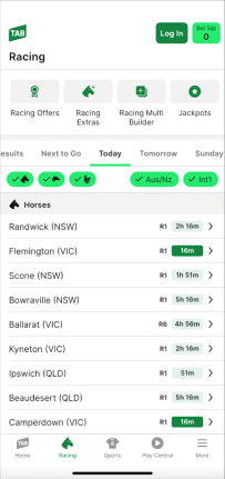 Screenshot of TAB app racing homescreen. 'Today's Racing' is selected.
