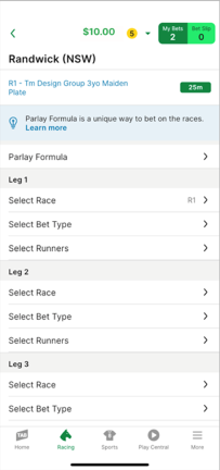 Screenshot of TAB app 'Parlay' selection screen.