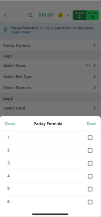 Screenshot of TAB app 'Parlay Formula Number' selection screen.