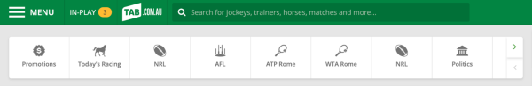 Screenshot of tab.com.au 'quick links' menu. 'Today's Racing' option is shown.