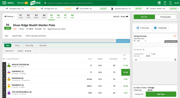 Screenshot of tab.com.au race page. 'Parlay Formula' selections appear in bet slip on right side of screen.