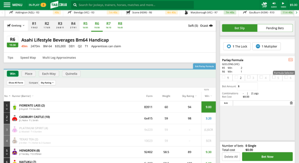 Screenshot of tab.com.au race page. 'Parlay Formula' selections appear in bet slip on right side of screen.