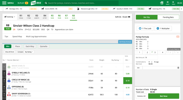 Screenshot of tab.com.au race page. 'Parlay Formula' selections appear in bet slip on right side of screen. 'Parlay Formula Number' selection is shown in the bet slip.