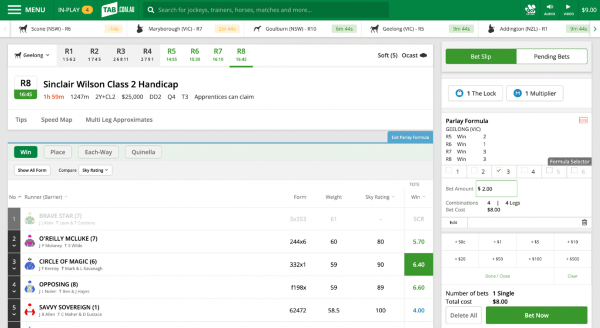 Screenshot of tab.com.au race page. 'Parlay Formula' selections appear in bet slip on right side of screen.