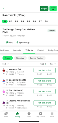 Screenshot of TAB app race page. Bet type options, including 'Trifecta', are shown above runners.