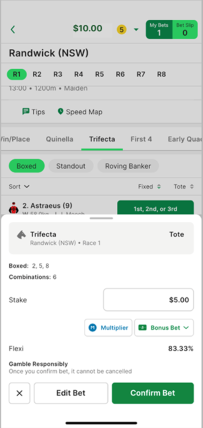 Screenshot of TAB app 'Confirm Bet' screen.