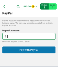 Screenshot of PayPal deposit screen within the TAB app.