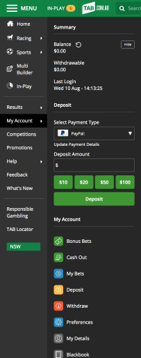 Screenshot of the deposit section on the TAB website, PayPal is selected as payment method.