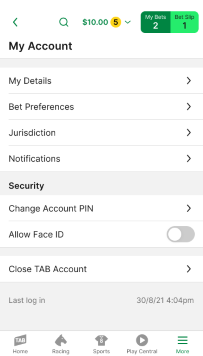 Screenshot of the 'My Account' screen in the TAB app.