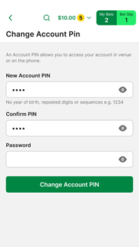 Screenshot of the 'Change Account PIN' screen within the TAB app.