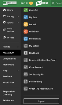 Screenshot of the expanded 'My Account' menu option at tab.com.au