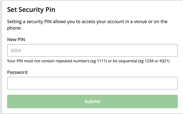 Image of the 'Set Security Pin' screen at tab.com.au.