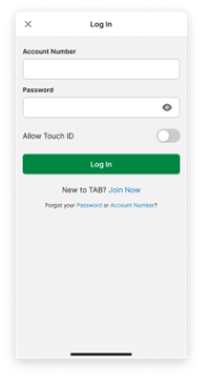 Screenshot of login screen on the TAB app with 'Allow Touch ID' option available.