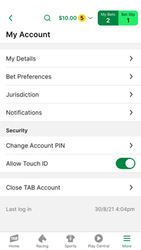 Screenshot of the 'My Account' screen within the TAB app with Touch ID enabled.